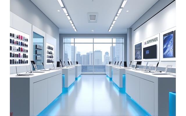 Modern, minimalist interior of Singapore Mobile Phones flagship store in Sim Lim Square, Singapore