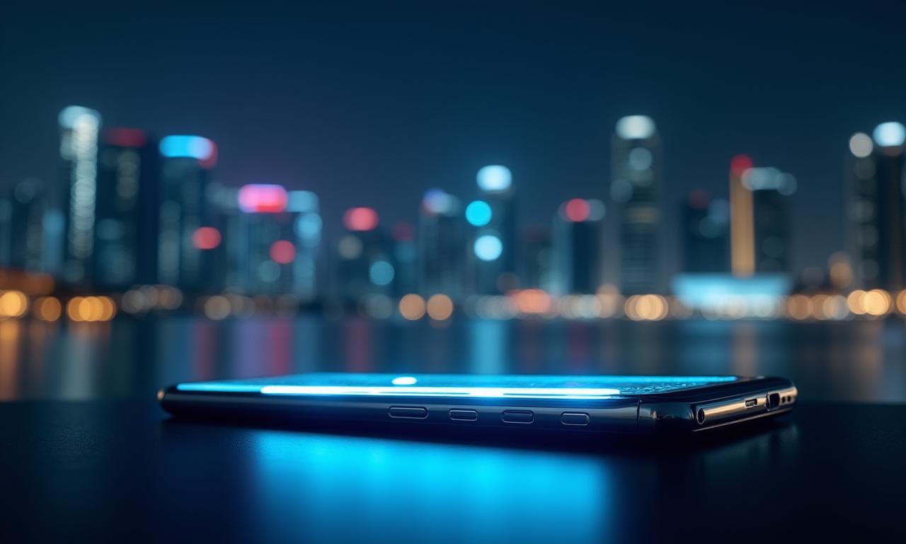 Sleek modern smartphone edges and blurred Singapore cityscape at night, symbolizing innovation